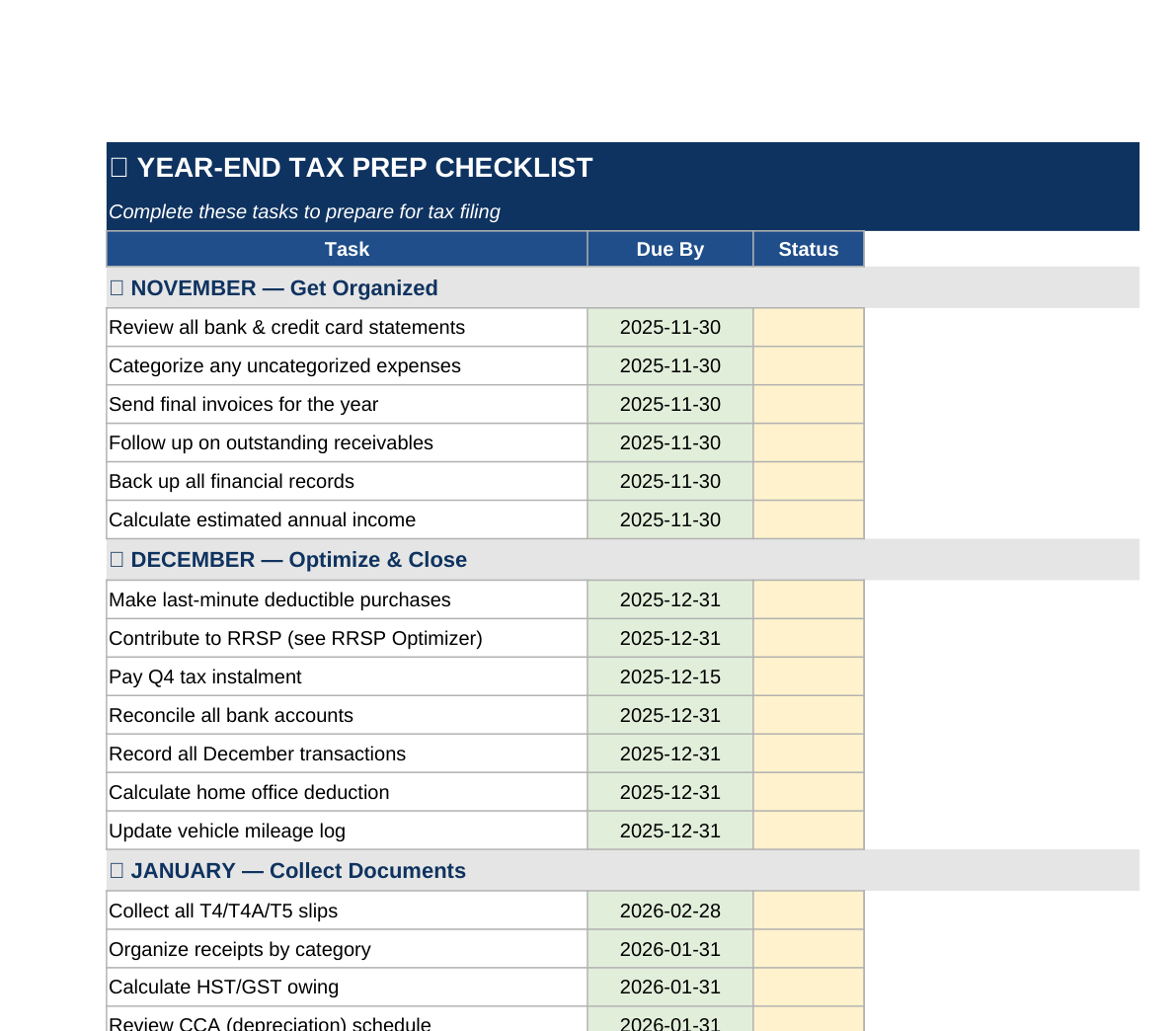 Year-End Tax Kit โ real screenshot of the v1.1 workbook